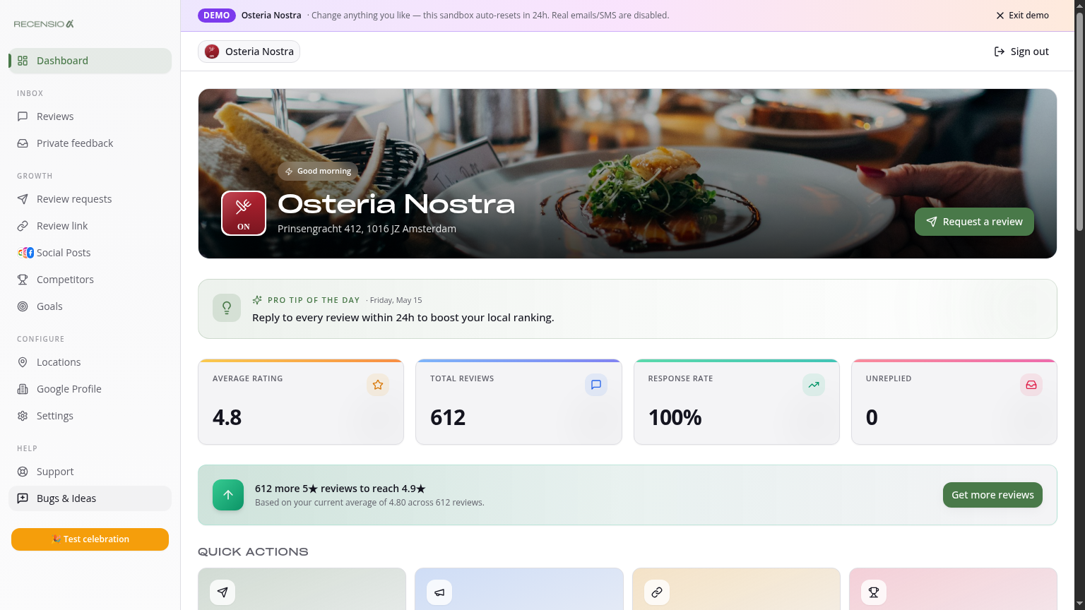 Dashboard tour — KPIs, sentiment & goals