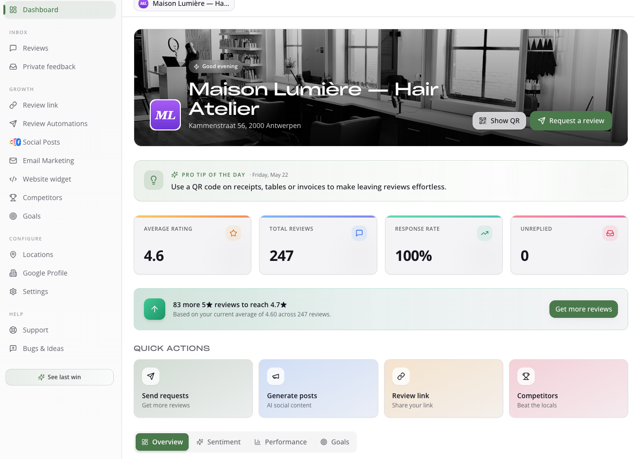RecensioAI dashboard — sentiment, performance, posts, reviews and local SEO in one view