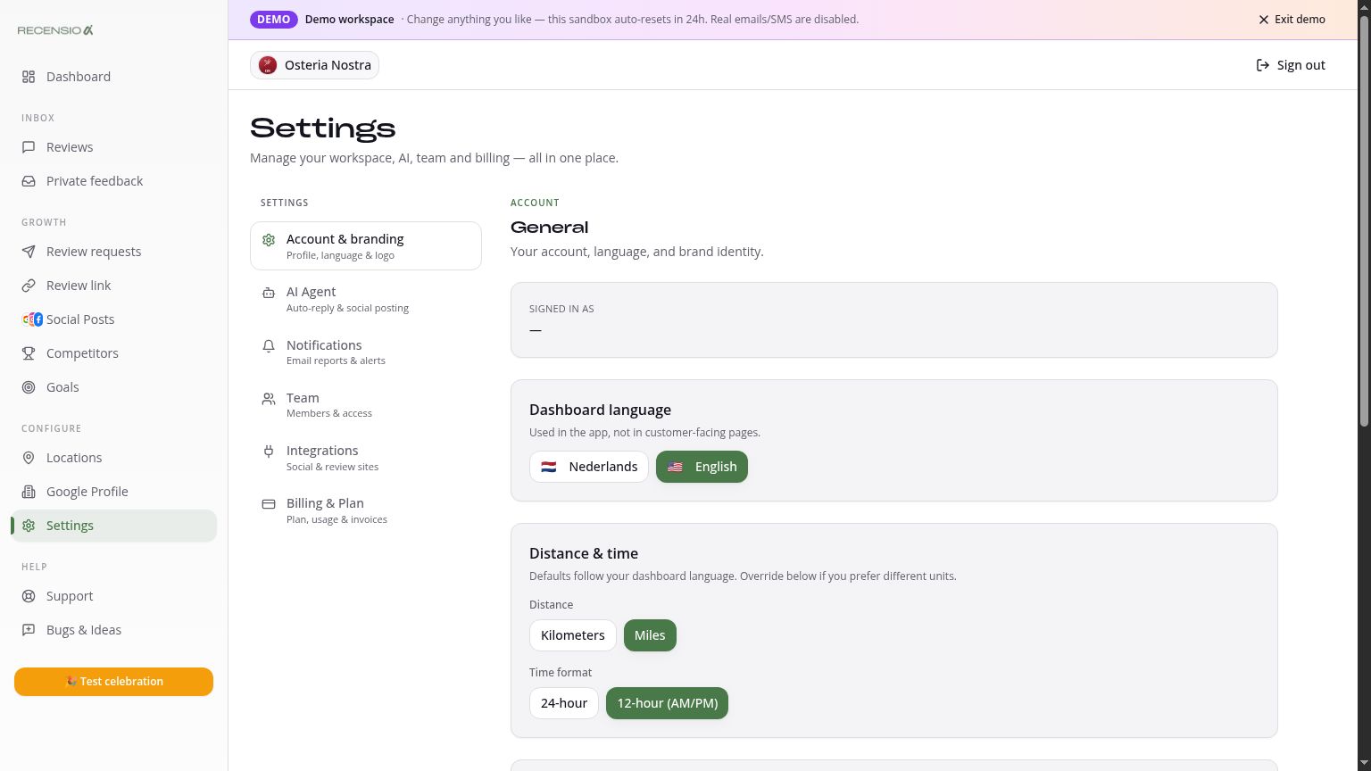 General settings — workspace, language & units