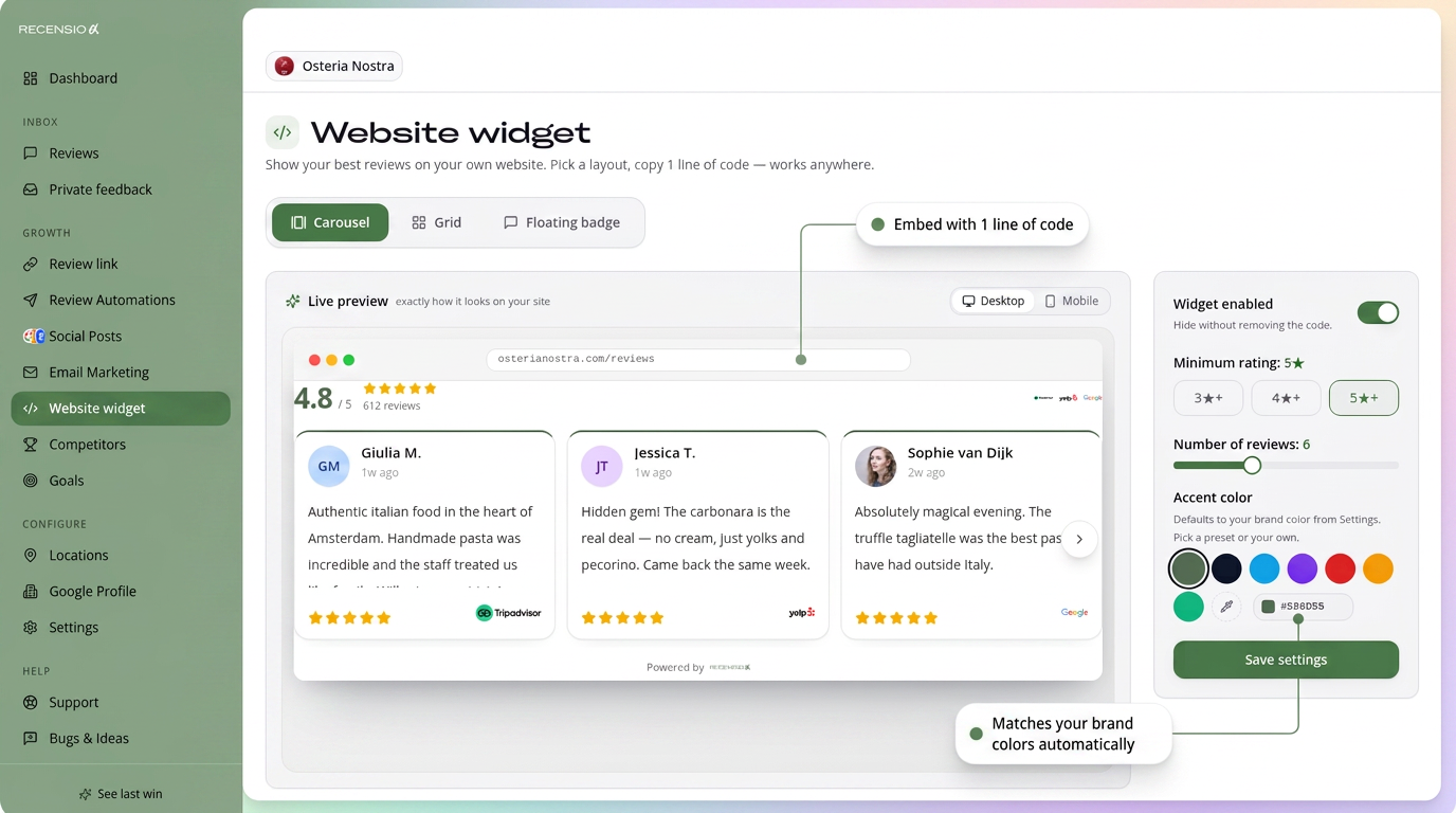 Review widget embedded on a website
