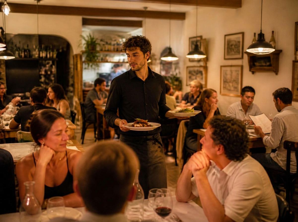 Restaurant owner doing reputation management for his restaurant and managing Google reviews on a laptop in the kitchen