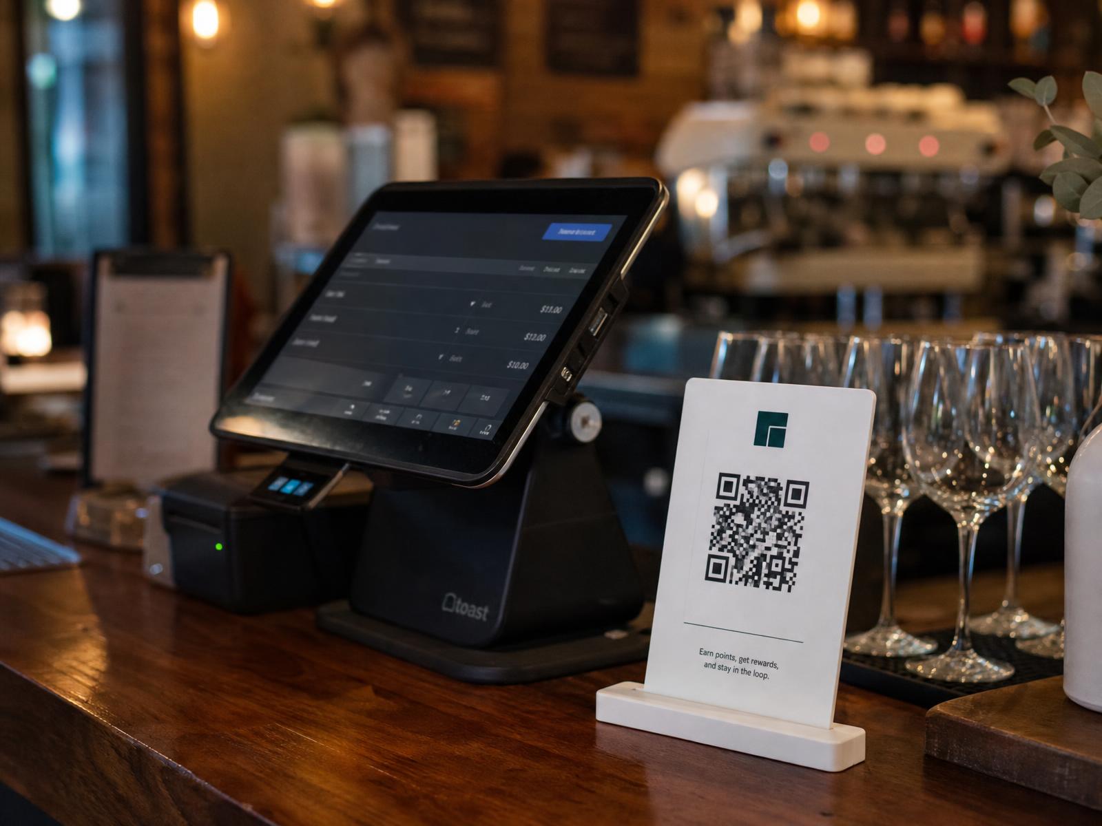 Restaurant register with the business QR card next to the till