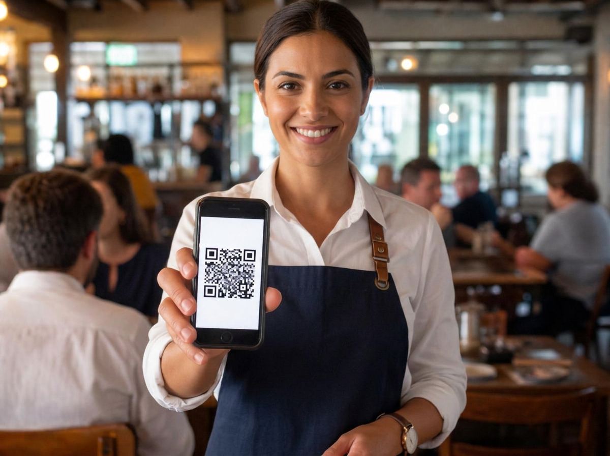 Waiter showing a QR code on an iPhone to a guest