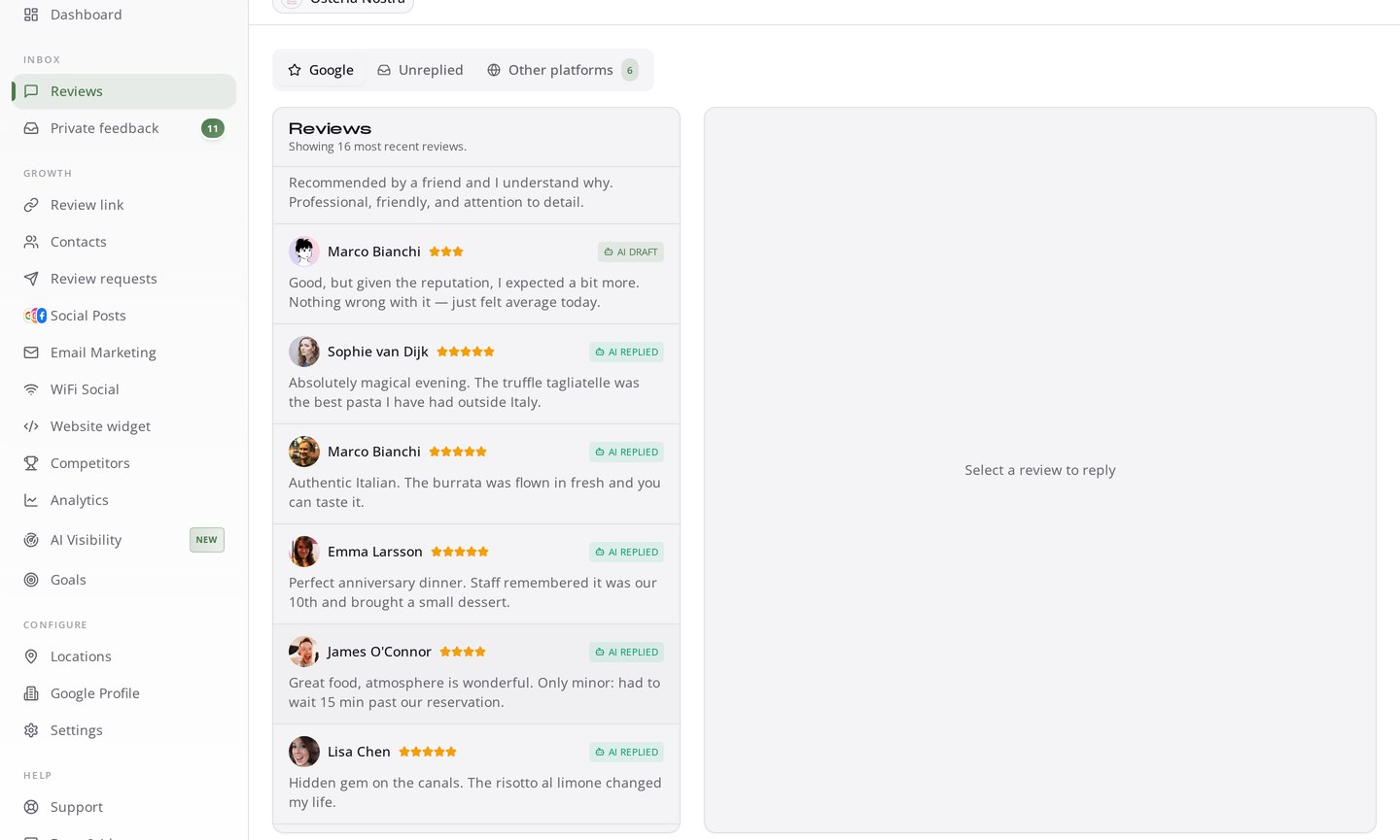 RecensioAI review inbox showing incoming Google reviews with AI REPLIED and AI DRAFT labels