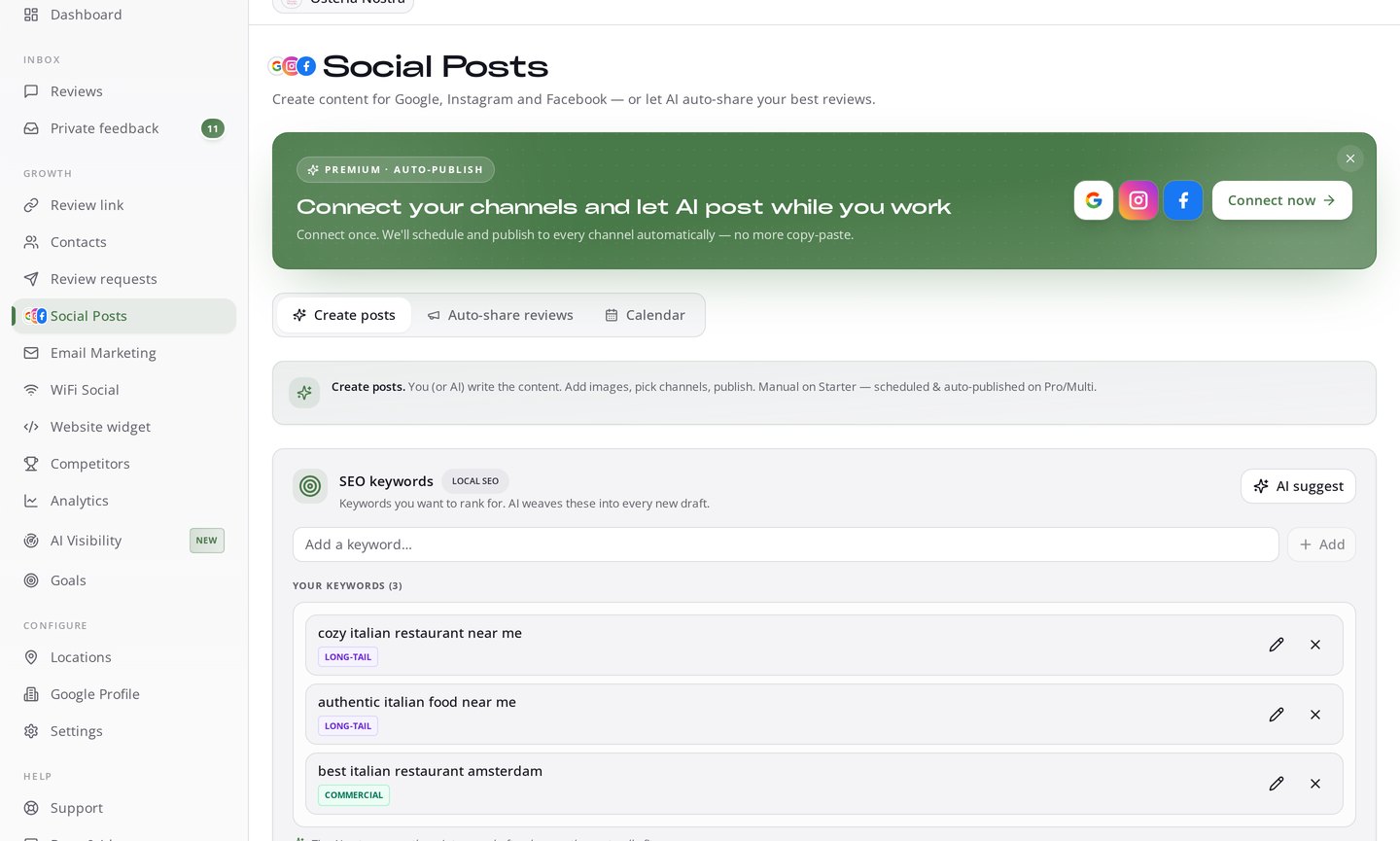 Social Posts screen in RecensioAI with SEO keywords and auto-publishing to Google, Instagram and Facebook