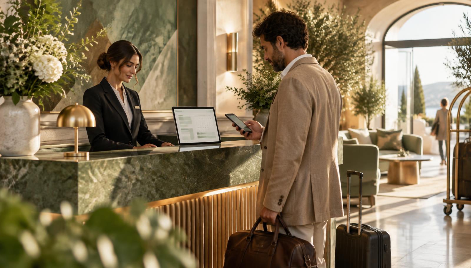 Hotel guest checking out while the front desk manages a connected digital workflow