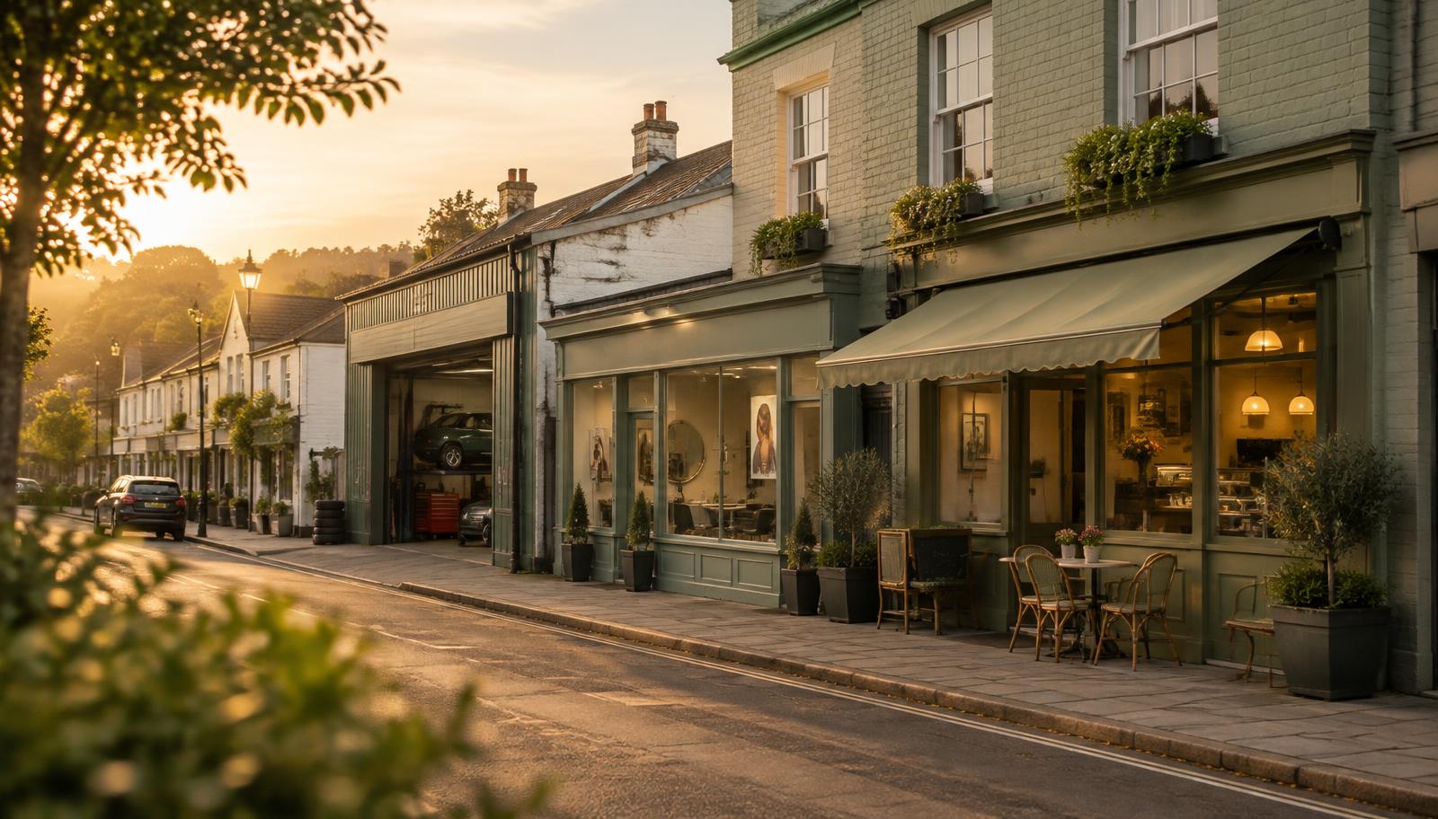 Neighbourhood street with a café, salon and garage side by side
